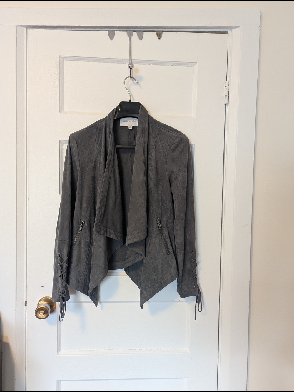 Drape Front Lace-Up Sleeve Suede Jacket - GrayCupcakes and Cashmere Jacket – XS